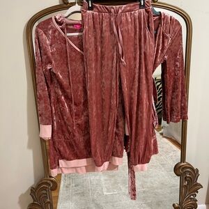 Betsey Johnson Crushed Velvet Hoodie Sleep Shirt pj joggers and robe 3 piece